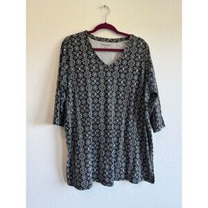 Woman Within Black Floral V Neck 3/4 Sleeve Pullover T Shirt Large 18/20